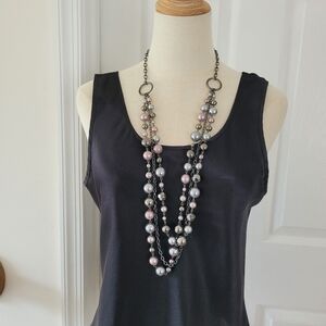 Long Gray and Pink Beaded Multi-Layered Necklace
